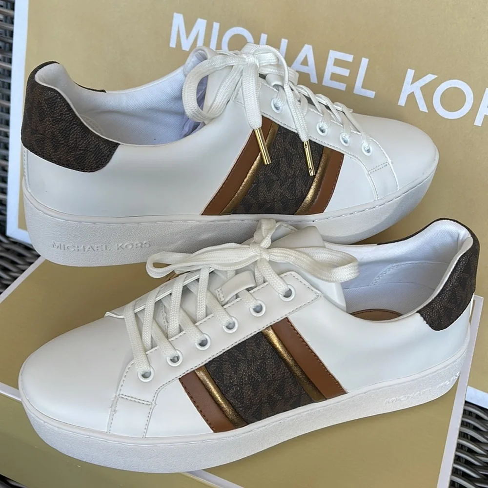 MICHAEL KORS POPPY STRIPE LACE UP NAPPA FAUX LEATHER WMNS OPTIC WHITE/BROWN - Picture 11 of 16